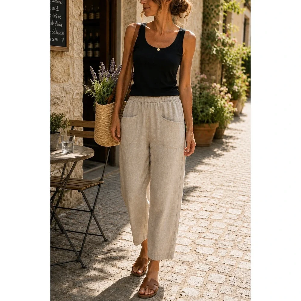 Quince 100% European Linen Tapered Ankle Pants Flax Pull On Pockets M